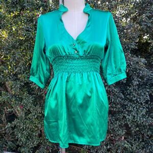 Vintage Chocolate Green Satin Shiny V-Neck Peasant Top USA Made Medium 90s Glam